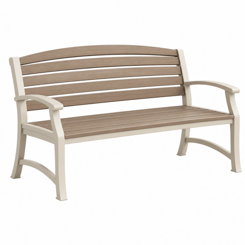 Panchina da giardino 120 x 65 x 85 cm in metallo beige e marrone effetto legno con braccioli