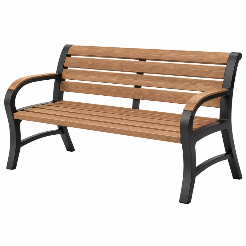 Panchina da giardino 120 cm in legno marrone e metallo nero - 2 posti con schienale e braccioli