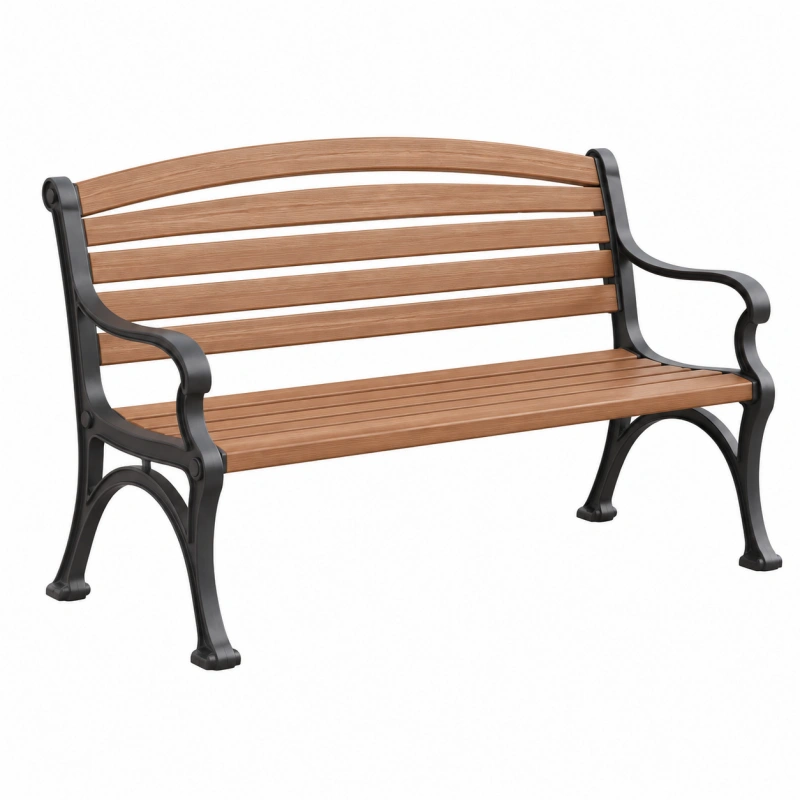 Panchina da giardino 122 cm in legno marrone e metallo nero con braccioli classica