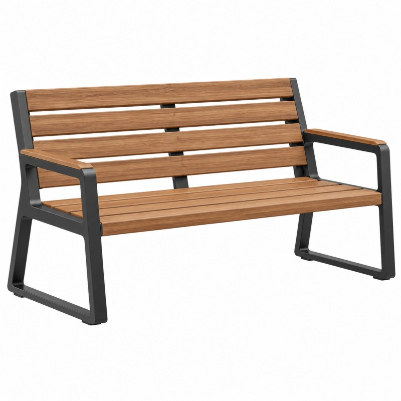 Panca da giardino 122 x 65 x 86 cm in legno marrone e metallo nero - seduta a due posti con braccioli