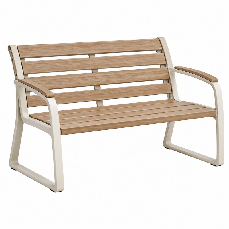 Panchina da giardino 120 x 65 x 85 cm in metallo beige e doghe effetto legno per esterno