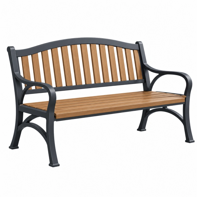Panca da giardino 125 cm in metallo e legno marrone e nero con braccioli stile classico