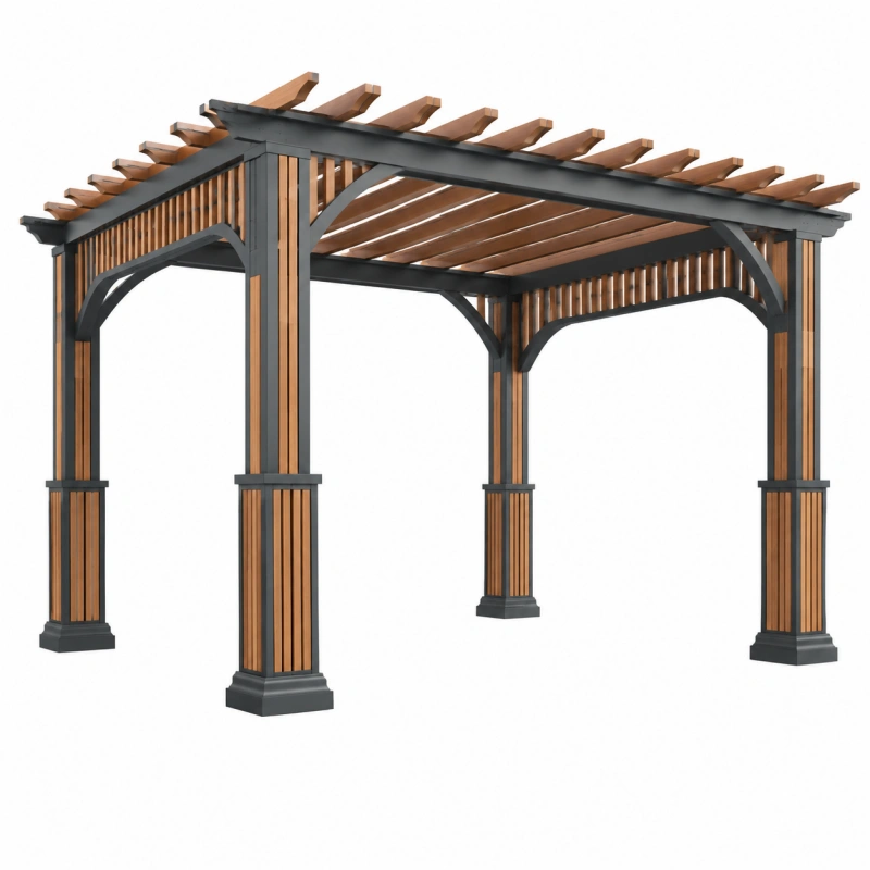 Pergola da giardino in legno e metallo marrone/nero con tetto a doghe