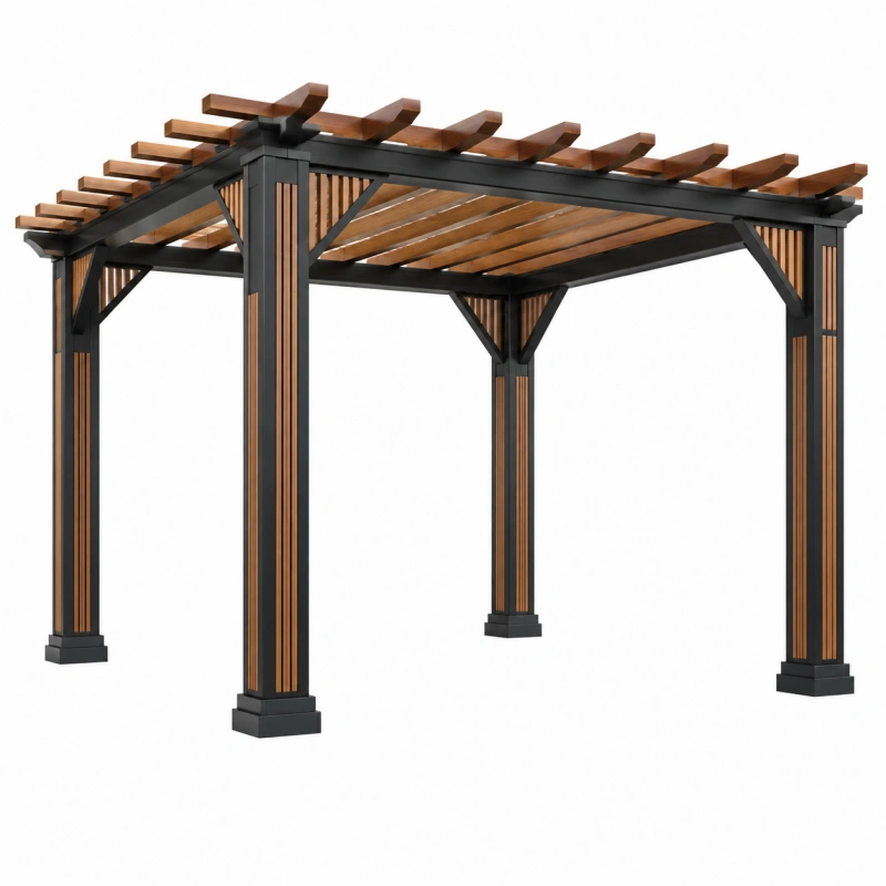 Pergola da giardino 300 x 300 x 240 cm in metallo e legno nero/marrone con tetto a doghe