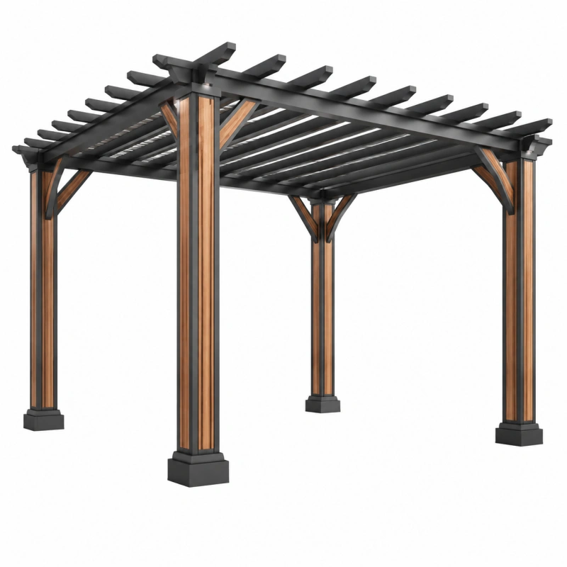 Pergola da giardino 300 x 300 x 230 cm in metallo nero con finitura effetto legno - copertura a lamelle stile moderno