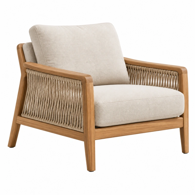 Poltrona 75 x 80 x 84 cm in legno beige con corda intrecciata - stile contemporaneo per soggiorno