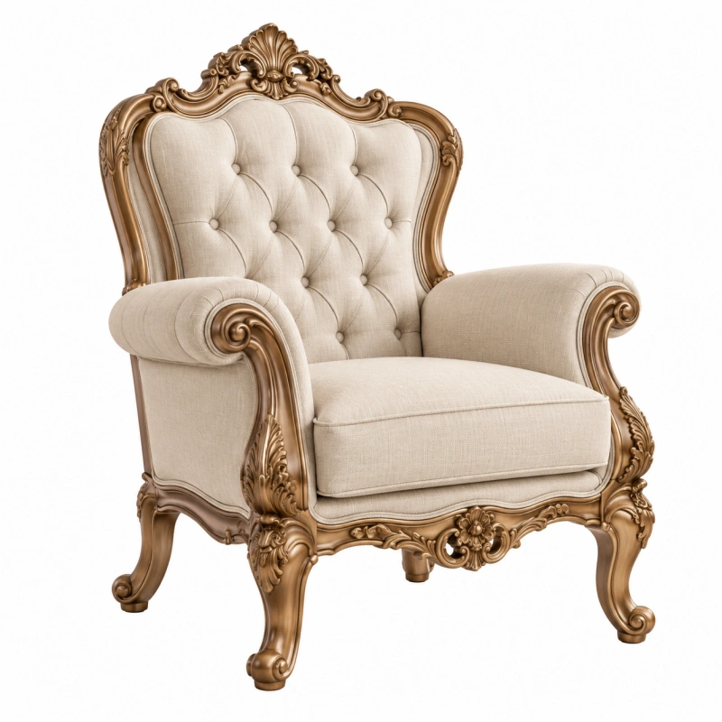 Poltrona 90x85x120 cm in legno e tessuto beige bronzo stile classico per soggiorno