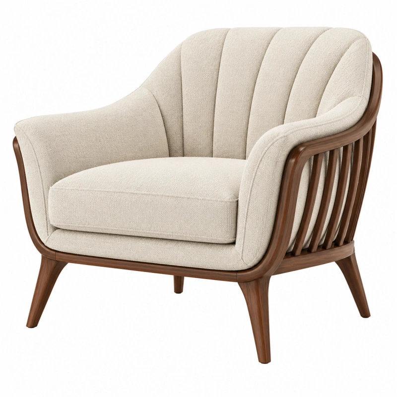 Poltrona 85 x 80 x 88 cm in tessuto avorio e legno marrone - stile moderno