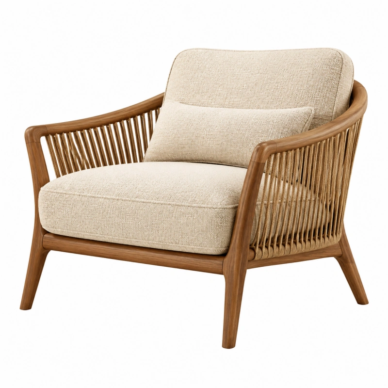 Poltrona 78 x 78 cm in legno e rattan marrone con seduta imbottita beige stile naturale
