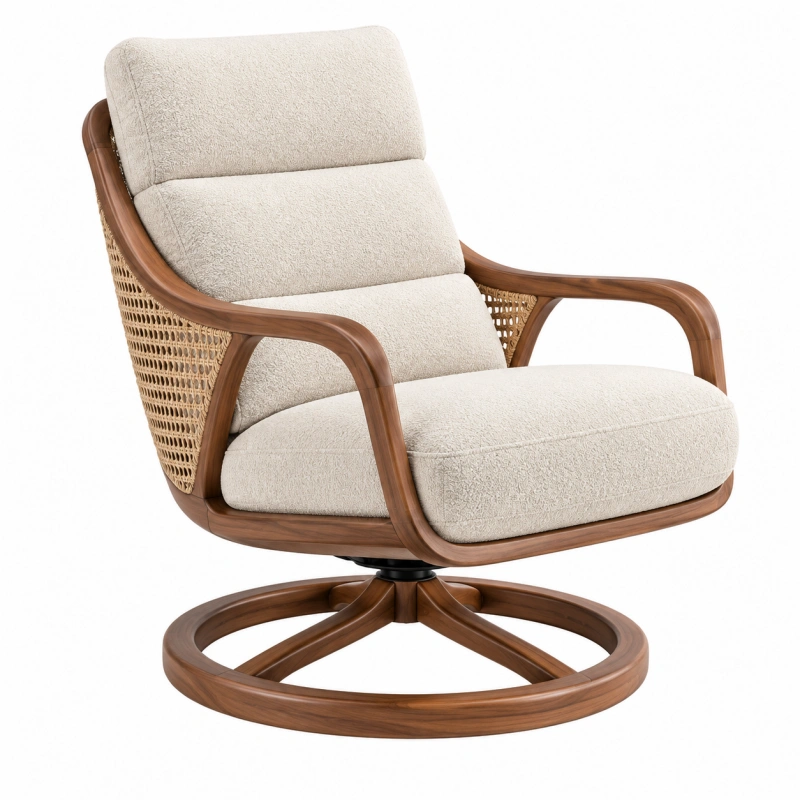 Poltrona girevole 75 x 85 x 100 cm in legno marrone e tessuto bouclé beige stile naturale
