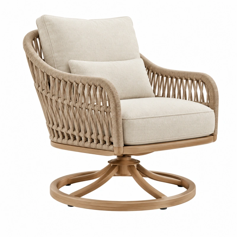 Poltrona 85 x 85 x 90 cm in fibra intrecciata beige con base in legno girevole