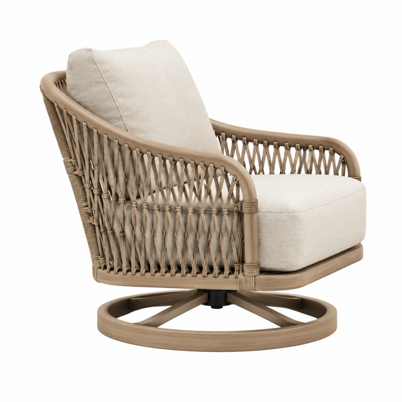 Poltrona girevole 78 x 82 x 84 cm in legno e corda tortora con seduta imbottita