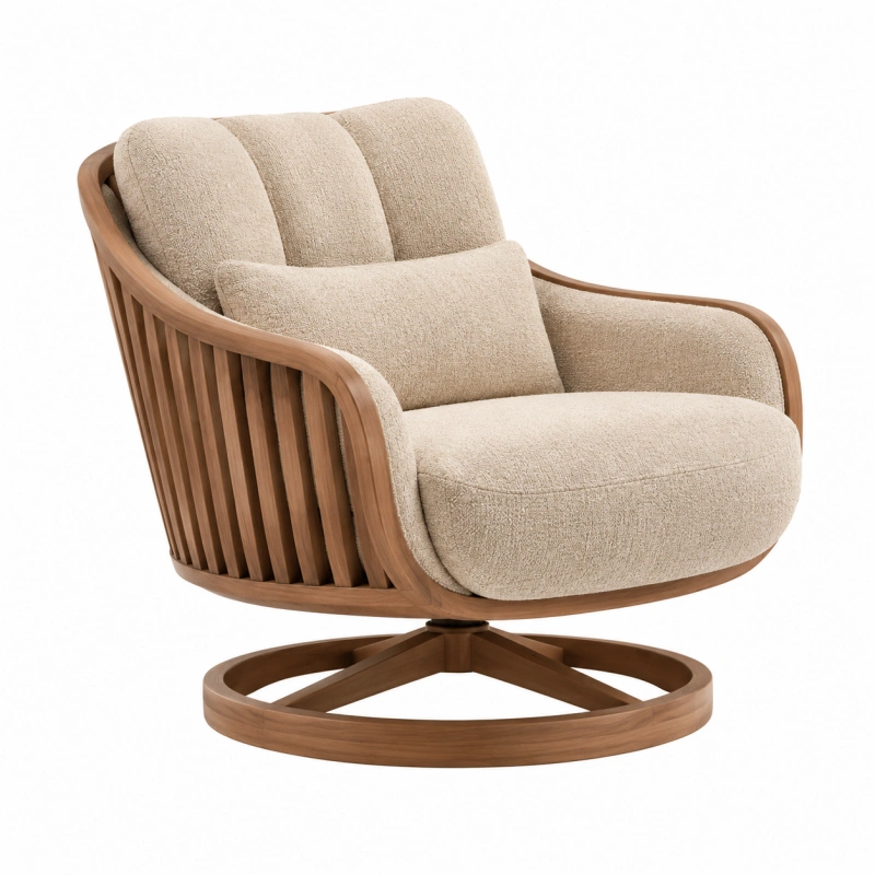 Poltrona girevole 85 x 90 x 95 cm in tessuto bouclé beige e legno stile contemporaneo