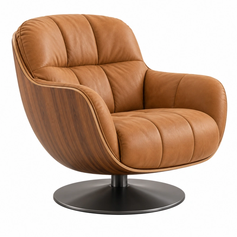 Poltrona girevole 90 x 90 x 95 cm in pelle marrone con legno stile moderno