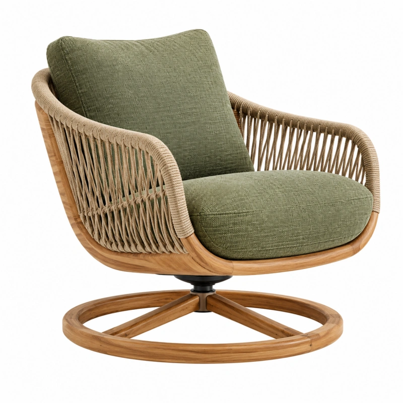Poltrona girevole 82 x 82 x 82 cm in legno e corda beige con seduta verde stile naturale
