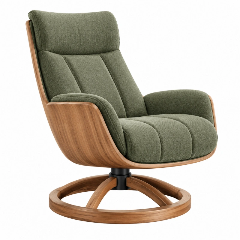 Poltrona girevole 85 cm x 90 cm x 102 cm in tessuto verde e legno - schienale alto imbottito