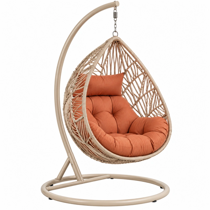 Poltrona sospesa 105x105x195 cm in metallo e intreccio effetto rattan beige con seduta arancione stile boho