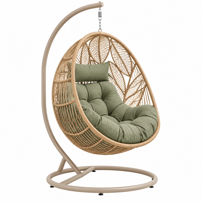 Poltrona sospesa 100 x 100 x 195 cm in rattan beige con seduta verde - design a uovo