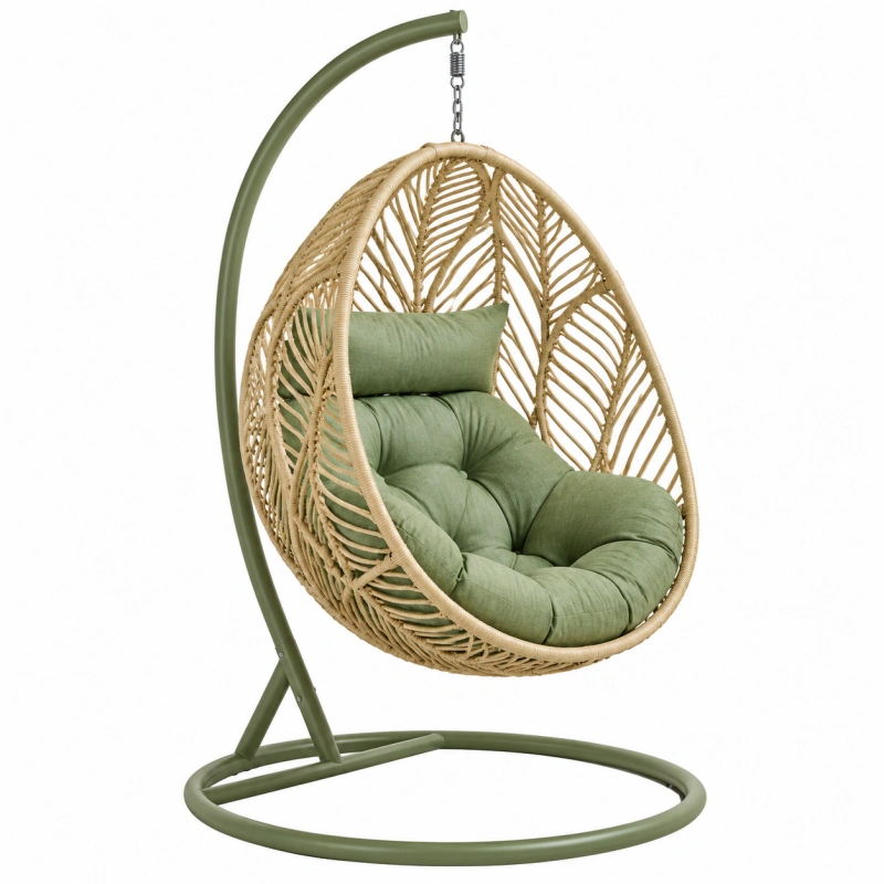 Poltrona sospesa 100 x 100 x 195 cm in intreccio naturale verde oliva con supporto in metallo stile bohémien