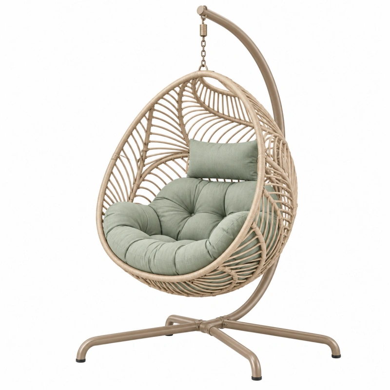 Poltrona sospesa da giardino 105 x 105 x 195 cm in metallo e intreccio effetto rattan beige con cuscino verde