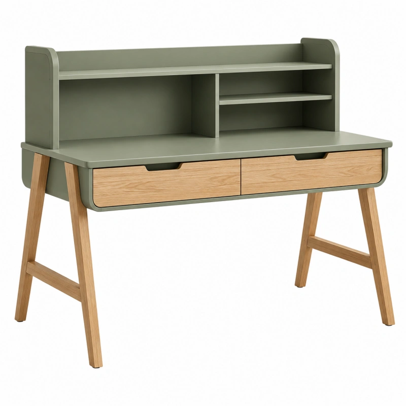 Scrivania con mensole 100 x 55 x 105 cm verde salvia e legno naturale con 2 cassetti