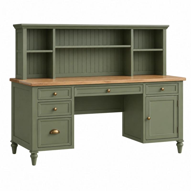 Scrivania con alzata 150 x 60 x 190 cm in legno verde salvia e naturale - stile classico con cassetti ripiani e vano contenitore