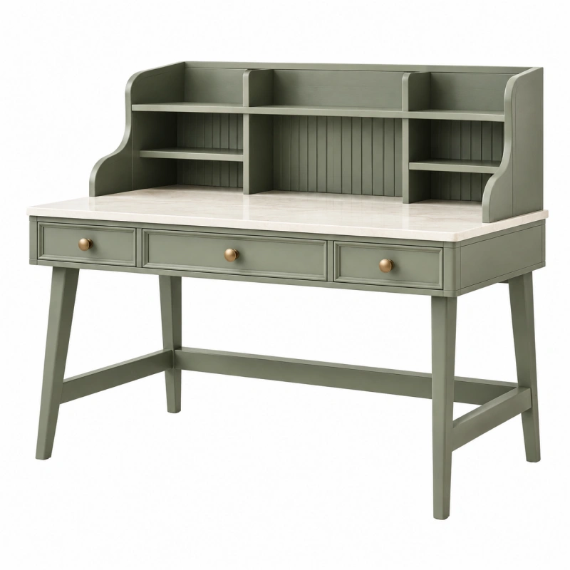 Scrivania con alzata 120 x 60 x 125 cm in legno verde salvia e bianco con cassetti