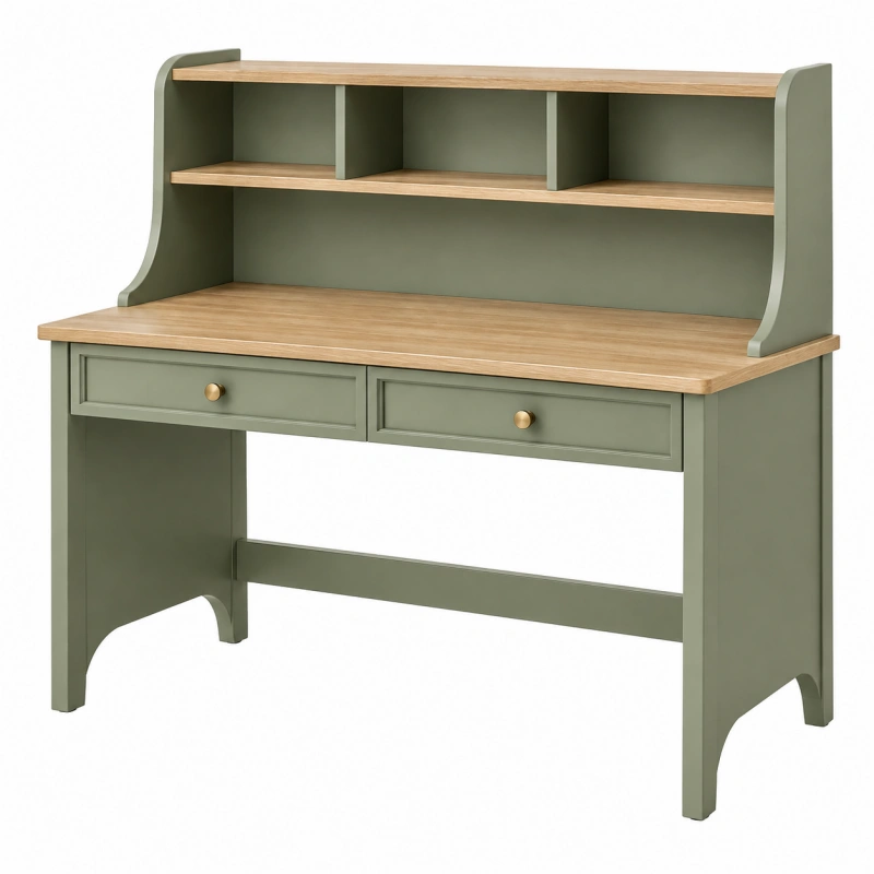 Scrivania con alzata 120 x 60 x 145 cm in legno verde salvia e naturale con cassetti e ripiani